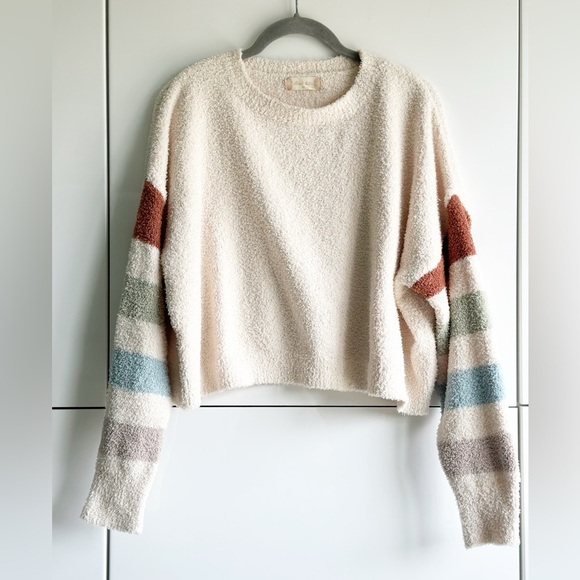 Altar'd State Sweaters - Altar’d State Teddy Bear Sweater Cropped  Size M Cream With Striped Sleeves Soft